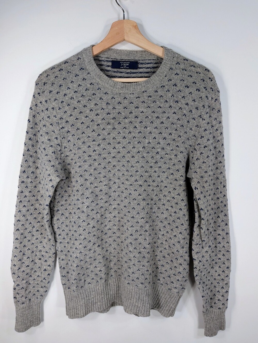 J.Crew 100% Lambswool Crewneck Sweater, Grey/Navy Pattern